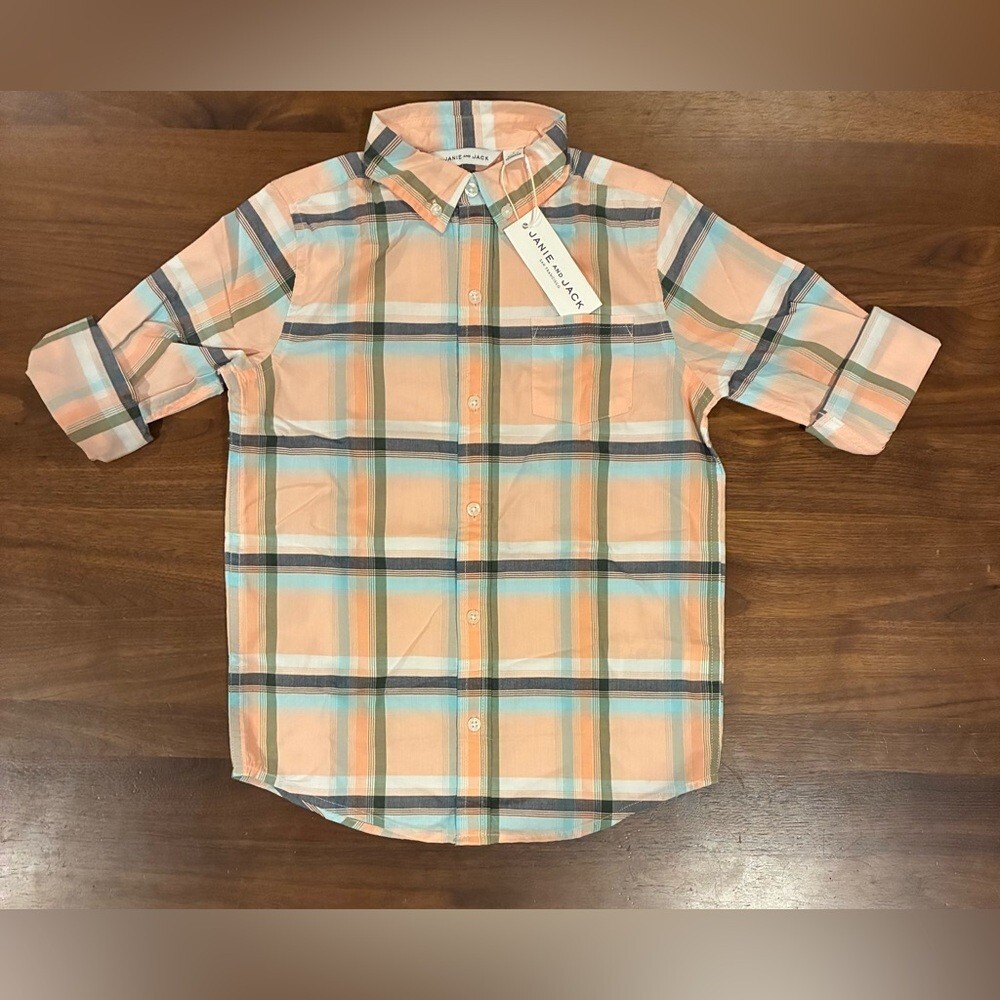 NWT- Janie and Jack Peach Plaid Button Down Shirt (size 7) - Picture 2 of 4